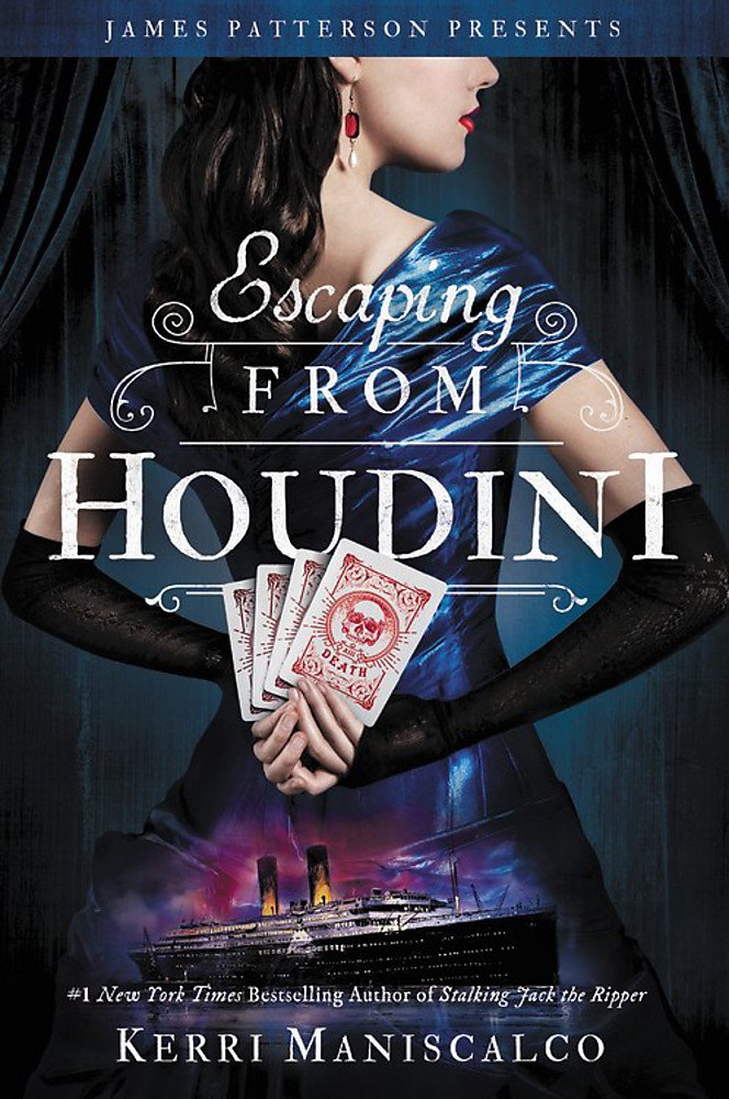 Bookcover Escaping from Houdini from Kerri Maniscalco. You see a mysterious lady and the background is a steamboat.
