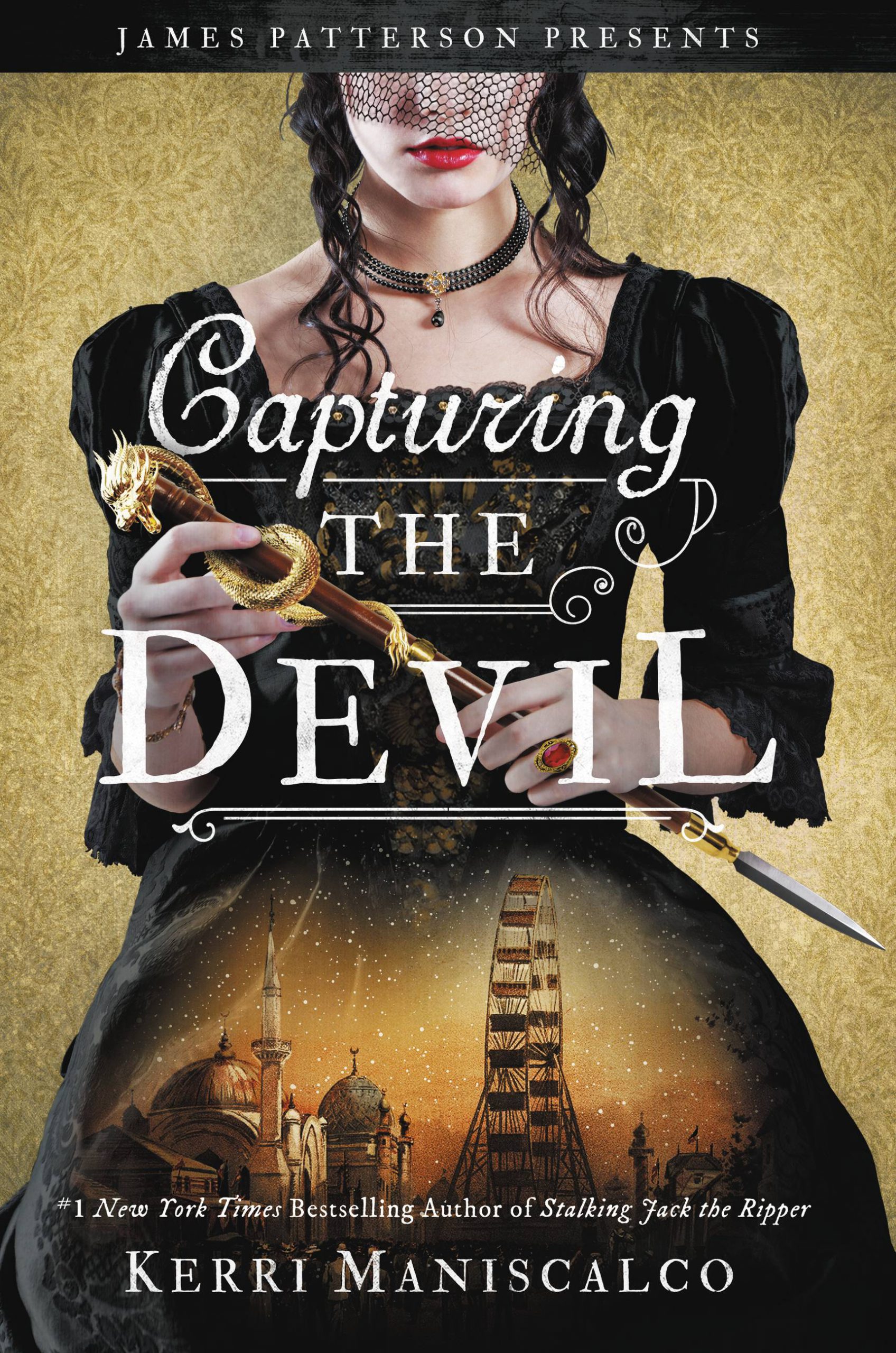 Bookcover Capturing the Devil from Kerri Maniscalco. You see a mysterious lady and the background is a fair.
