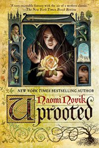 Cover of Uprooted. A girl doing magic. an uprooted tree. A castle with scenes from the story.- BookDragon